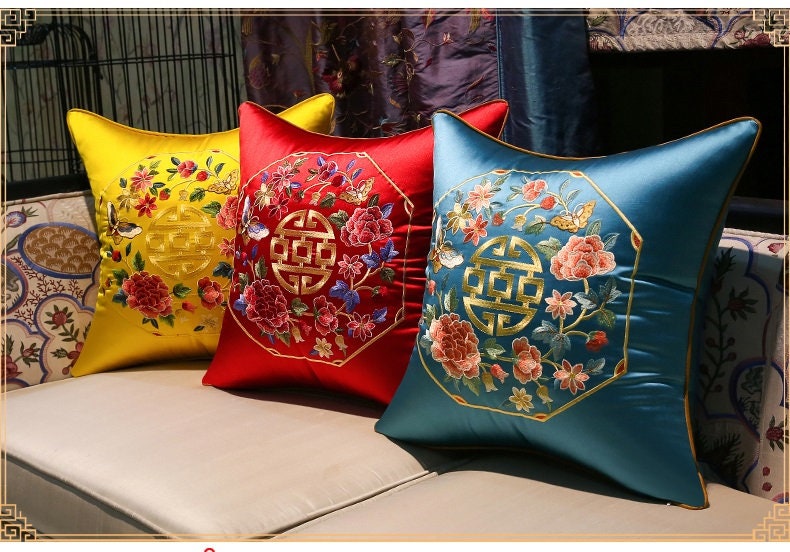 Satin cushion covers with chinese  symbol of good fortune and flower embroideries 